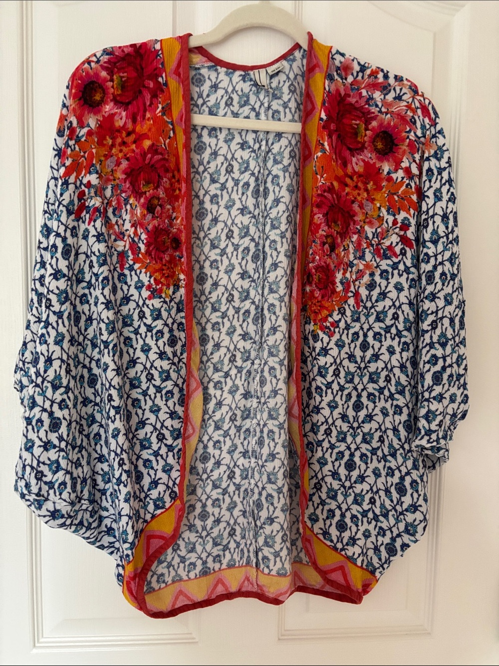Open Front Floral Kimono Jacket - Blue, White & Pink-Red Accents one size